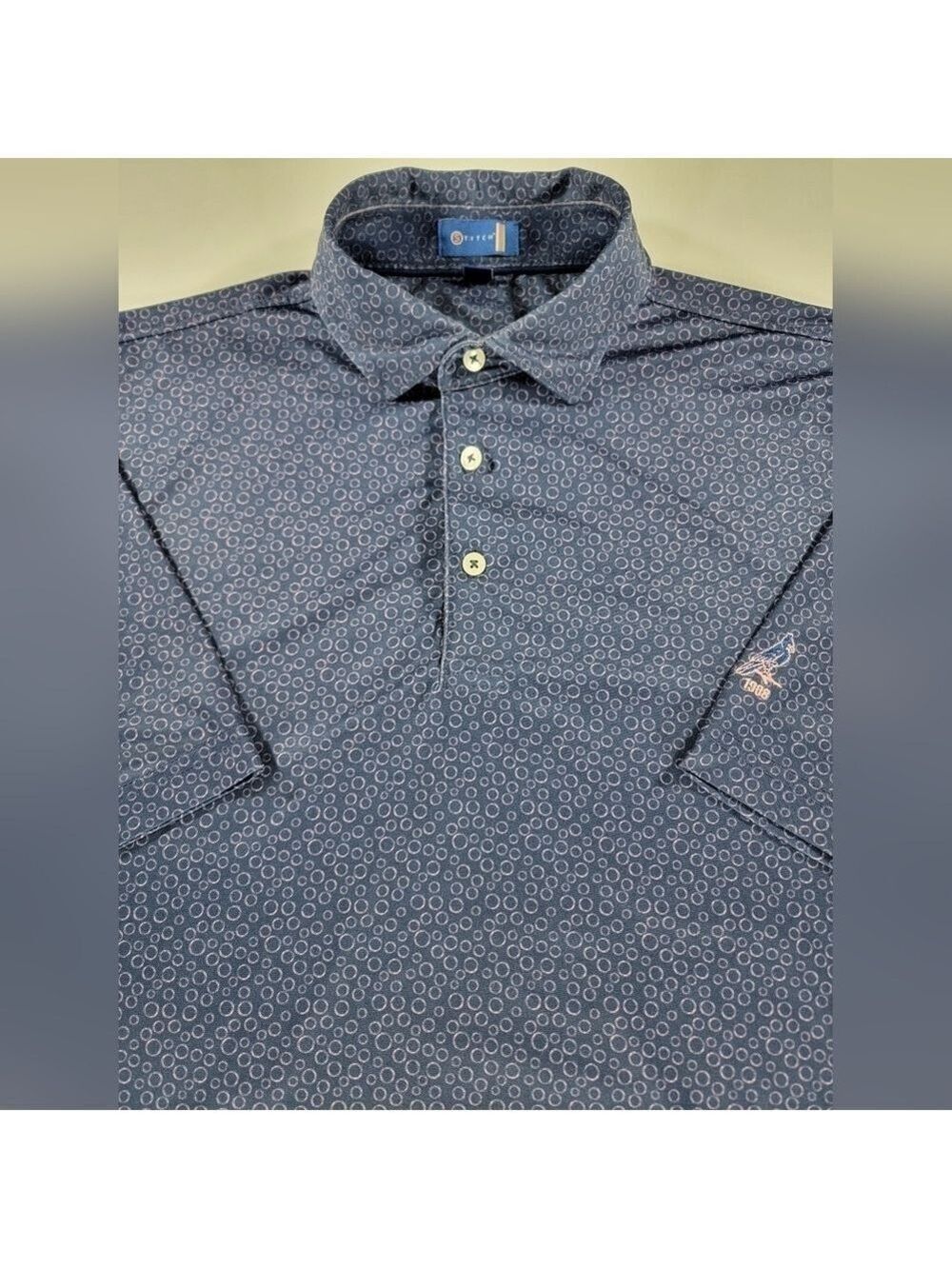 STITCH Golf Shirt Men's Large Performance Navy Blue Geometric All Over Print AOP